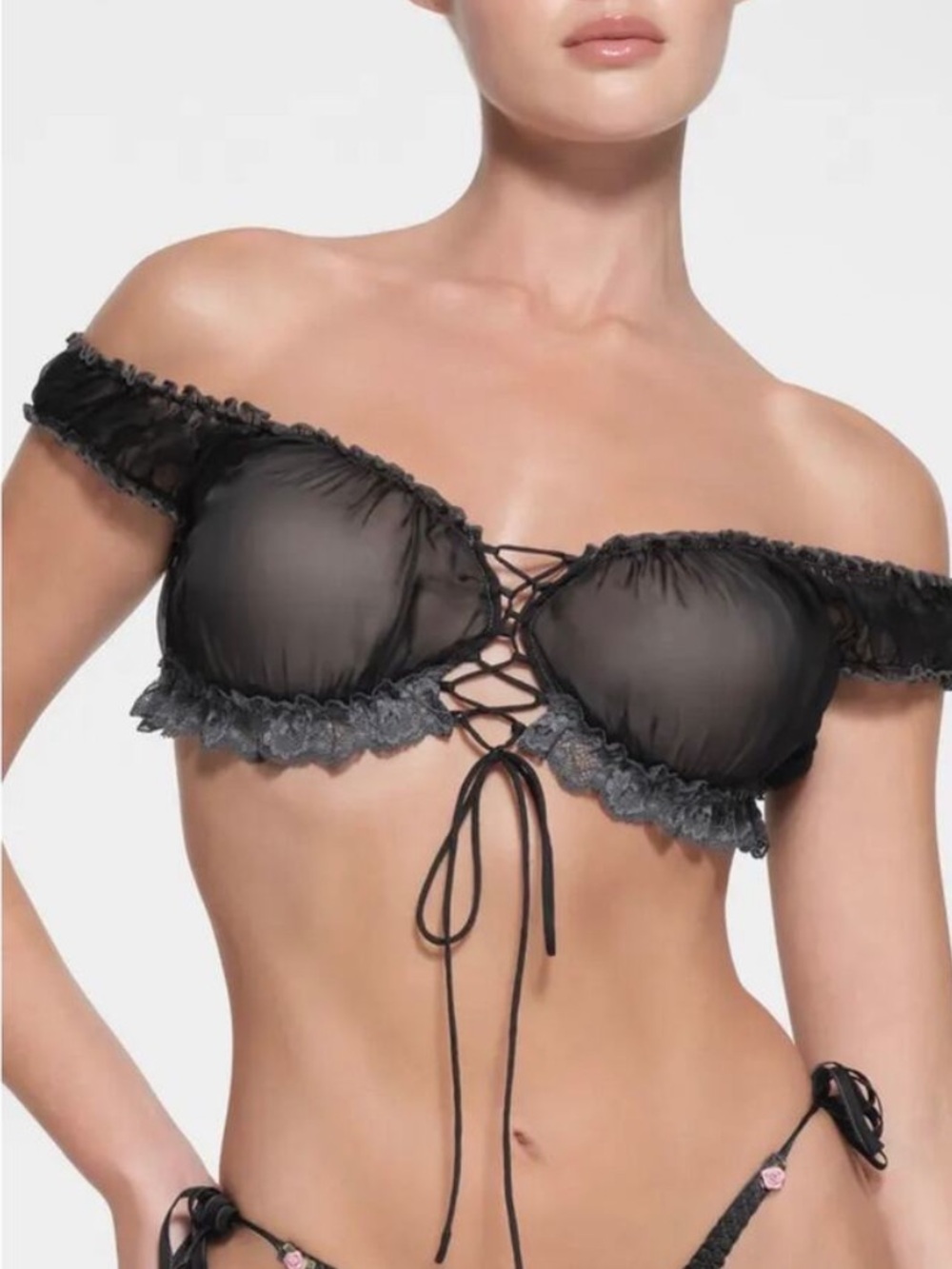 Skims Romance Square Neck Lace Up Front Lace Trim 100% Silk Unlined Bralette